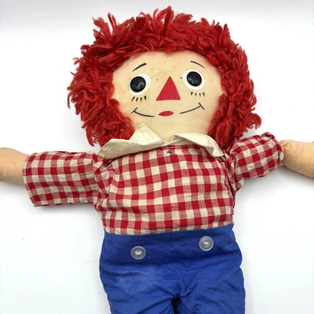 Vintage Knickerbocker Raggedy Andy Plush Doll Red Yarn Hair Gingham Shirt 17in